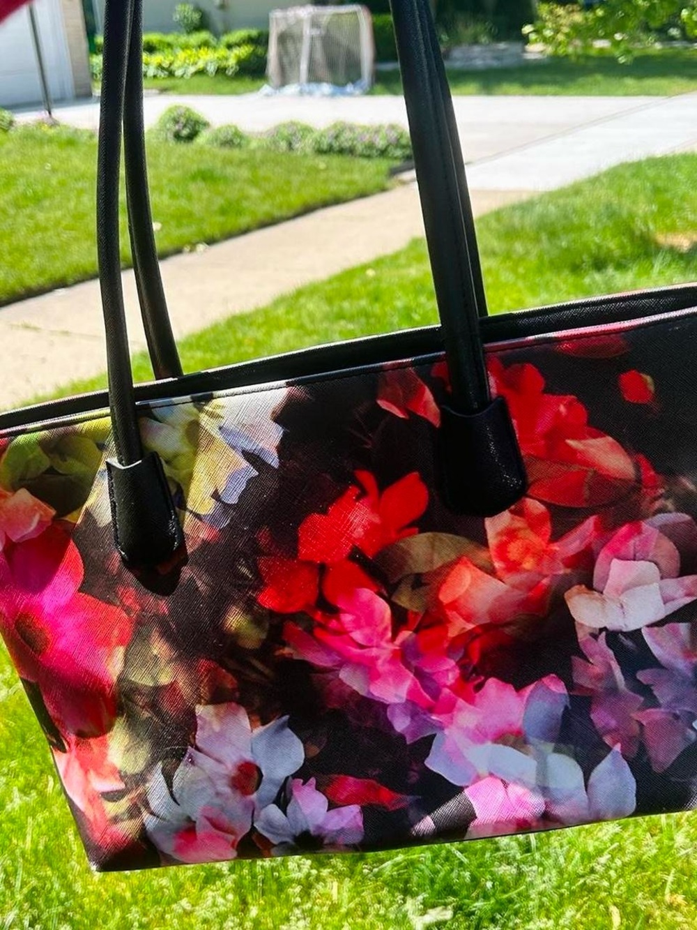 Floral Print Tote Bag with Black Handles - Pink/Red Floral - Picture 3 of 7